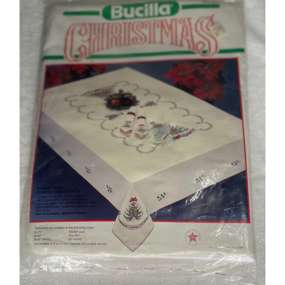 Bucilla Christmas Holiday Tree Stamped Cross Stitch Tablecloth Kit 52x70 82645